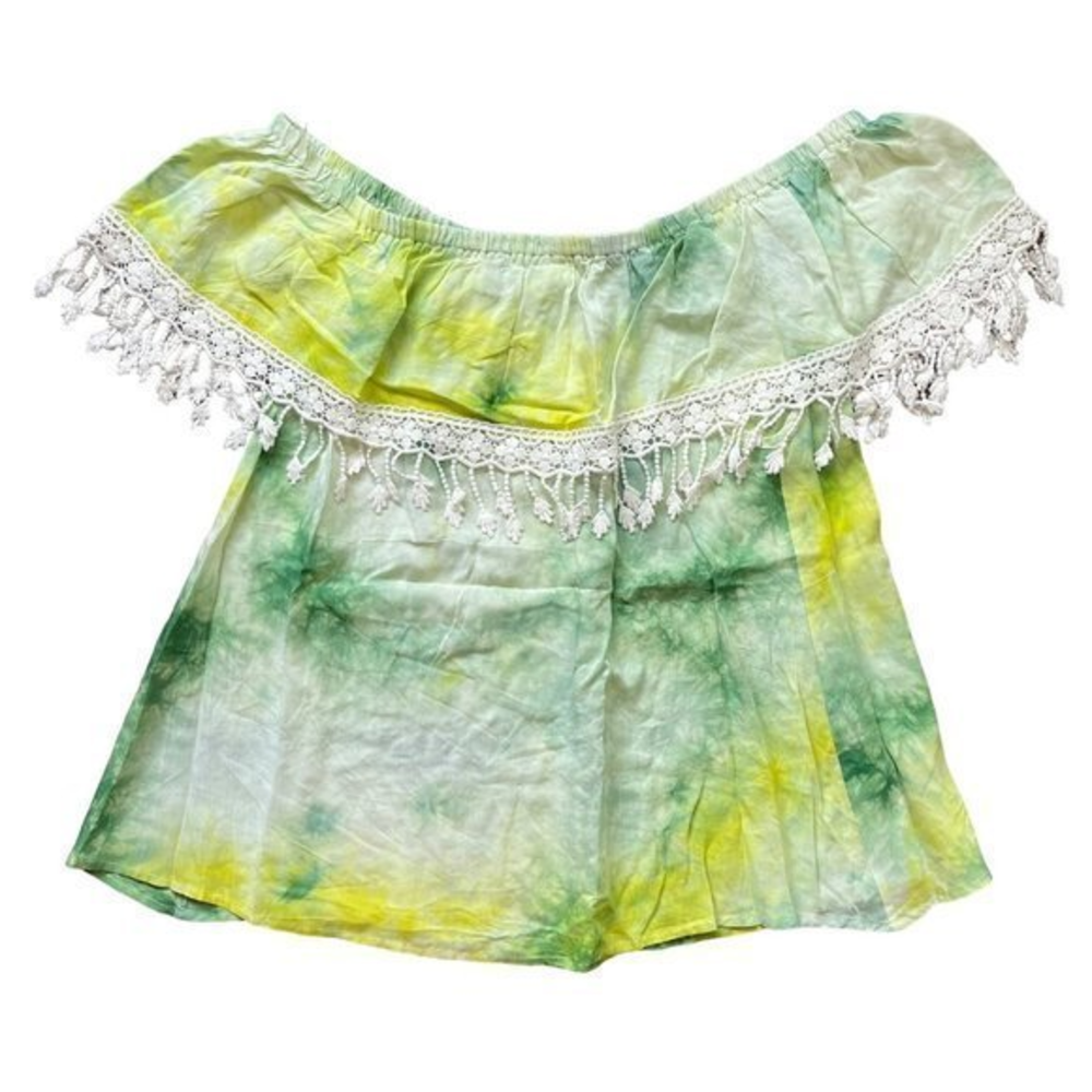 Entro Women's 100% Rayon Green, Yellow Tie Dye Off Shoulder Lace Trim Top L NEW